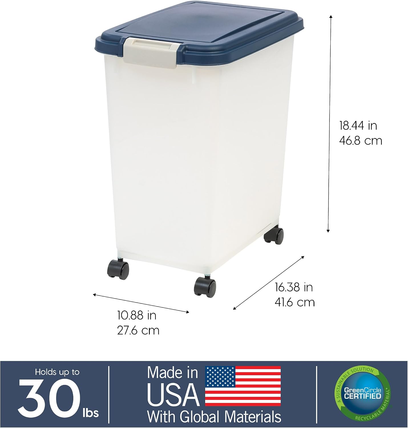 IRIS USA Dog Food Storage Container with Wheels, Airtight Lid, 2-Cup Scoop, Up to 30 Pounds Pet Food Storage, Built in Scoop Storage in Lid, Versatile Pet Food Bin, Portable, BPA Free, Gray/Dark Gray