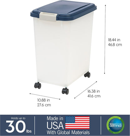 IRIS USA Dog Food Storage Container with Wheels, Airtight Lid, 2-Cup Scoop, Up to 30 Pounds Pet Food Storage, Built in Scoop Storage in Lid, Versatile Pet Food Bin, Portable, BPA Free, Gray/Dark Gray