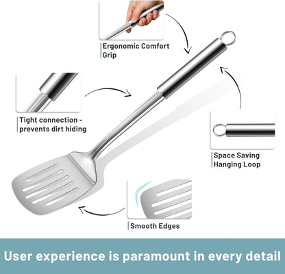Pleafind 𝟑𝟑% 𝐎𝐅𝐅 Cooking Utensils Set - 4 Pcs Stainless Steel Kitchen Utensils Set with Solid Turner, Slotted Turner, Serving Ladle, Slotted Spoon, Wok Utensils Set with Heat Resistant Handle