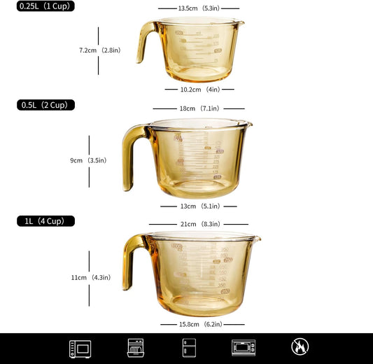 Kitchen Glass Measuring Cup Three-Piece Set, Measuring Jug with Scale,Egg Beater，Flour Measurers， Dishwasher Safe (250ml/1Cup, 500ml/2Cup, 1000ml/4Cup)(Transparent)