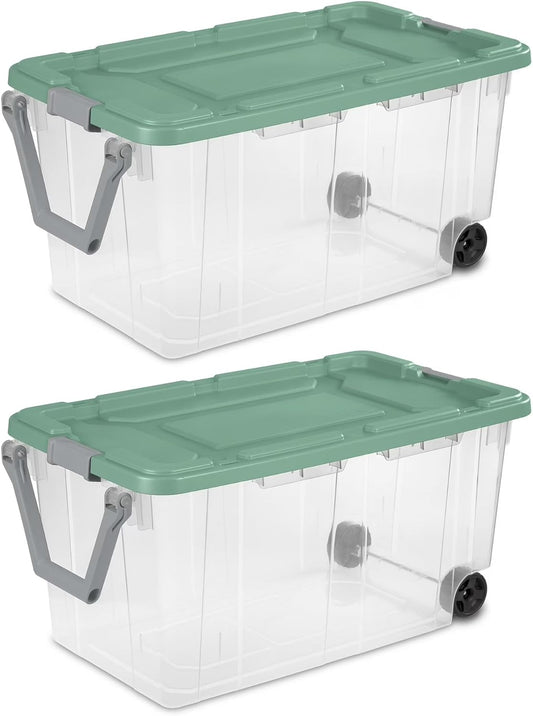 Extra Large Wheeled Storage Bin, 160 Quart Durable Clear Storage Container with Latch Lid and Pull Handle, Light Green, 2 Pack