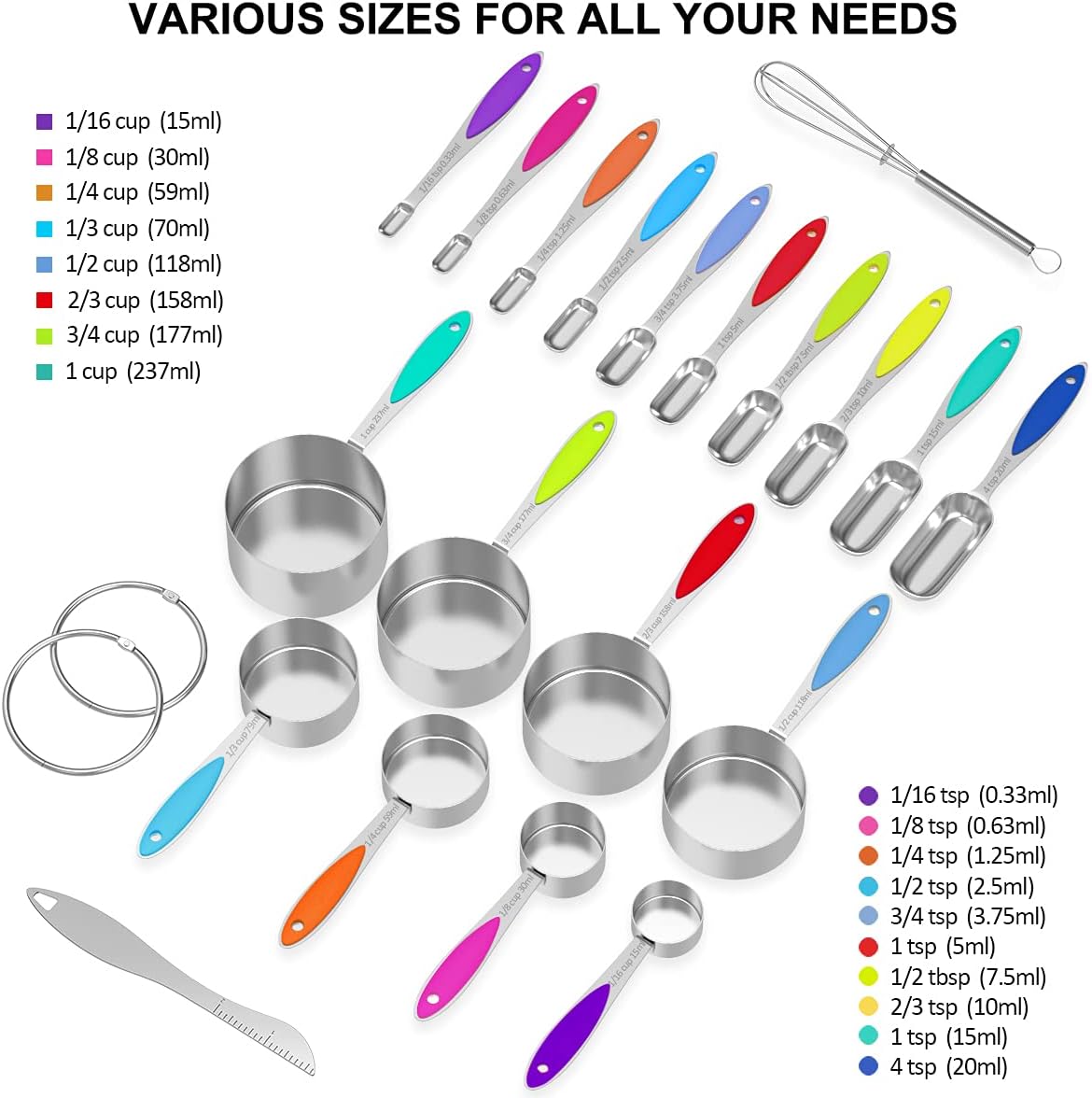 Measuring Cups and Spoons - Wildone Stainless Steel 20 Piece Stackable Set, Includes 8 Measuring Cups, 10 Measuring Spoons, 1 Leveler & 1 Whisk, for Dry and Liquid Ingredient