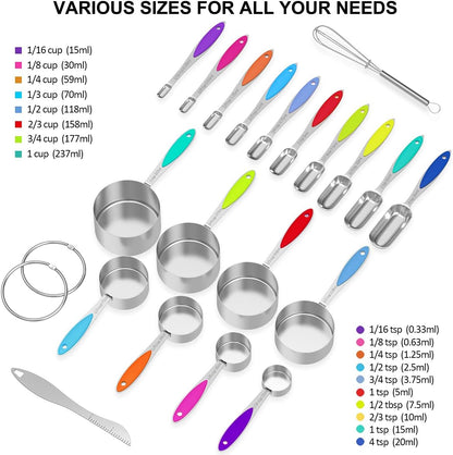 Measuring Cups and Spoons - Wildone Stainless Steel 20 Piece Stackable Set, Includes 8 Measuring Cups, 10 Measuring Spoons, 1 Leveler & 1 Whisk, for Dry and Liquid Ingredient
