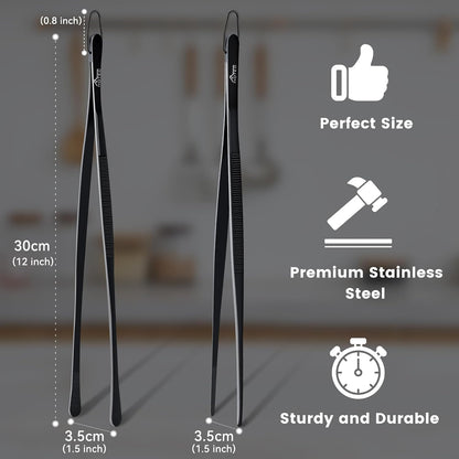 HOTEC Kitchen Tweezers Tongs Stainless Steel Professional Chef Tweezers, Set of 3-6.3", 10" and 12inch Food Tongs for Cooking, Repairing, Dessert, BBQ, Meat, Pasta