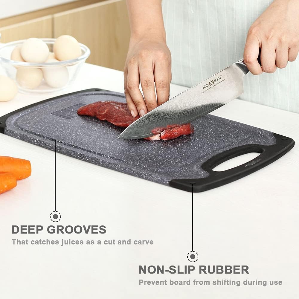Cutting Boards for Kitchen, Plastic Chopping Board Set of 3 with Non-Slip Feet, Juice Grooves, Easy Grip Handle, BPA Free, Non-Porous, Dishwasher Safe, Multiple Sizes (Black，Grind Function)