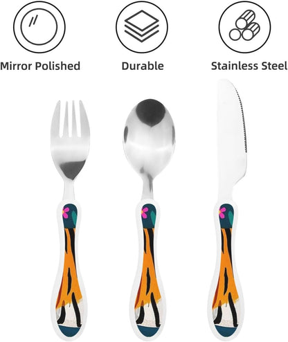 3-Piece Kids Silverware Set With Storage Case, Stainless Steel Reusable Children Safe Knife Spoon Fork Set Chinese Celadon Peacock Children Flatware Set For Kids Lunch Box