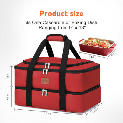 Insulated Casserole Carrier, Double Decker Food Carriers for Hot or Cold Food, Portable Leakproof Thermal Bag for Travel/Potluck Parties/Picnic/Cookouts (Red)