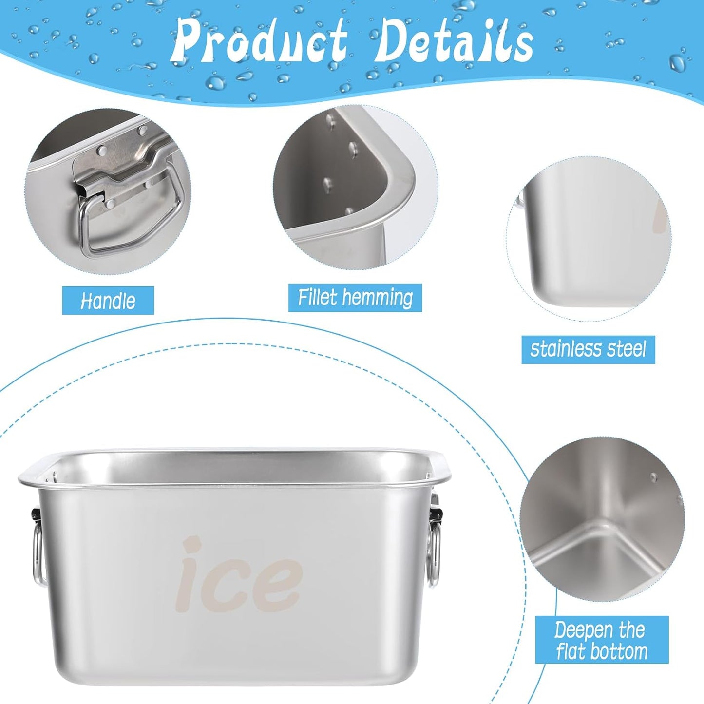 Strainless Steel Beverage Tub, Ice Buckets for Parties with Handle, Beer Ice Bucket Drink Cooler, Metal Wine Beer Champagne Bucket Drink Chiller, Rectangular Ice Storage Tub Ice Cube Bin for Freezer