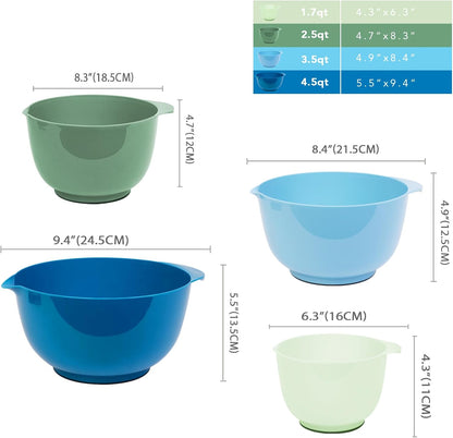 BoxedHome Nesting Plastic Mixing Bowl Set With Pour Spout, Microwave and Dishwasher Safe, BPA free Non-Slip Base, Set of 4 Size 1.7, 2.5, 3.5 and 4.5qt, Great for Prepping, Baking, Cooking (Dark Blue)