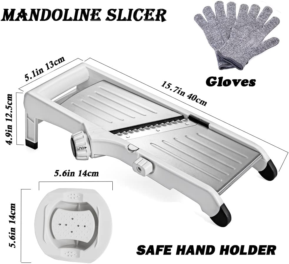 VEKAYA Mandoline Slicer for Kitchen, Stainless Steel Professional Vegetable Slicer with Adjustable Thickness, Safety Gloves & Food Holder, Easy to Clean, Ideal for Potatoes, Onions, Cucumbers