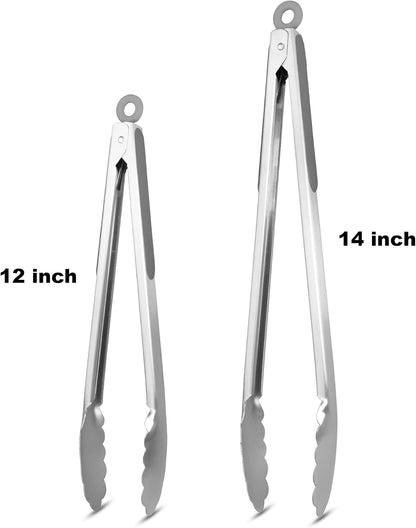 304 Stainless Steel Kitchen Cooking Tongs, 9" and 12" Set of 2 Sturdy Grilling Barbeque Brushed Locking Food Tongs with Ergonomic Grip, Black
