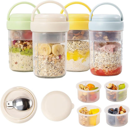 2 Pack Overnight Oats Containers with Lids and Handles, Folding Spoons & Divided Compartments for Fruit & Nuts, 16oz Mason Jars for Oatmeal Yogurt Container Chia Pudding Jars with lids (Cream 2pcs)