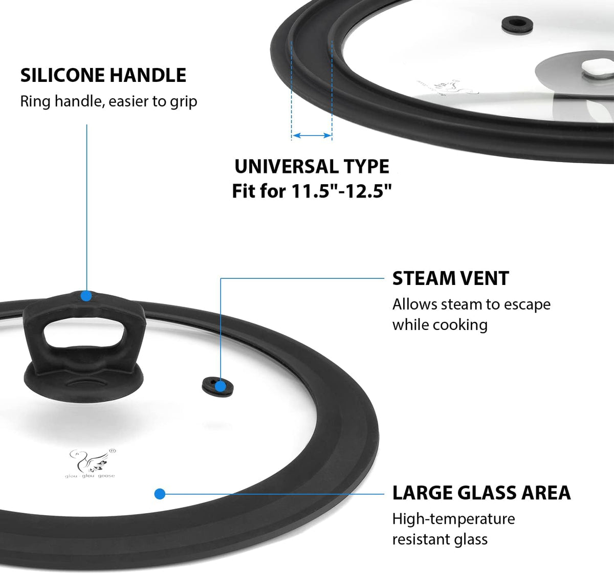 Vented Tempered Glass Universal Lid for Pot Pan Skillet with Heat Resistant Silicone Rim Microwave Splatter Lid Cover Microwave Safe Fit 11.5" 12" 12.5" Cookware, Dishwasher Safe Grey