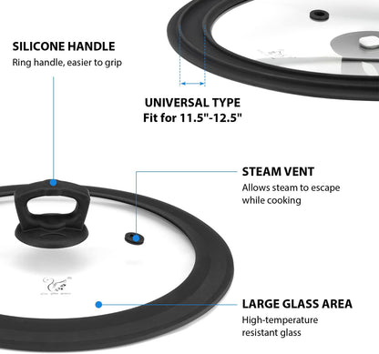 Vented Tempered Glass Universal Lid for Pot Pan Skillet with Heat Resistant Silicone Rim Microwave Splatter Lid Cover Microwave Safe Fit 11.5" 12" 12.5" Cookware, Dishwasher Safe Grey