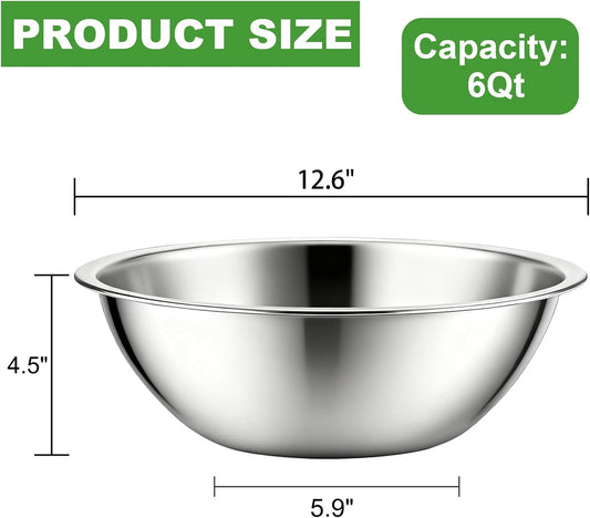 3 Pack Stainless Steel Mixing Bowls, 6 Quart Flat Base Stainless Steel Serving Bowls, 12.6 Inch Mirror Polish Large Metal Bowl Set for Kitchen Cooking, Baking, Prepping