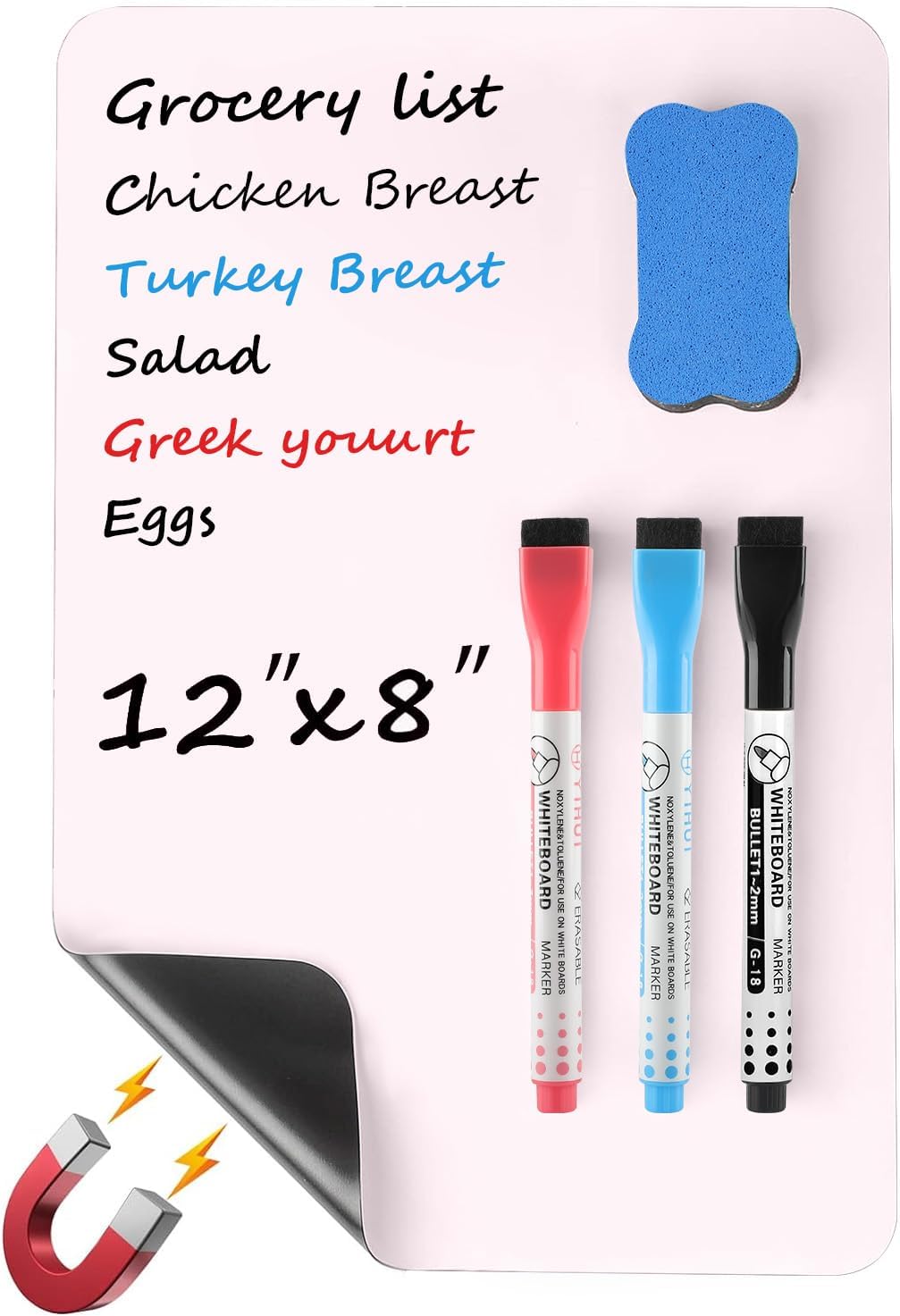 MaxGear Small Magnetic Dry Erase Board Sheet for Refrigerator, Fridge Whiteboard for Kitchen, 12"x8" White Board Organizer and Planner with Stain Resistant Technology, Include 1 Eraser, 3 Markers
