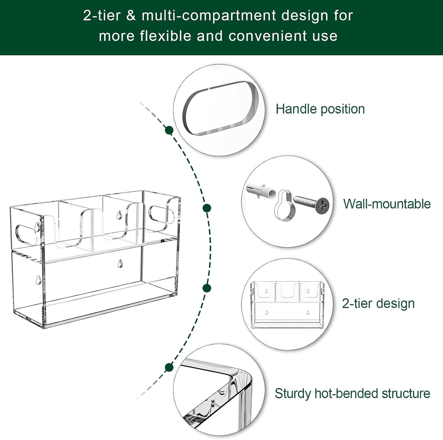 Disposable Coffee Cup Dispenser with Handles, 2-Tier 4 Compartments Clear Acrylic Paper Cup and Lid Storage Organizer for Coffee Bar Kitchen Accessories Restaurant Breakroom Party Supplies
