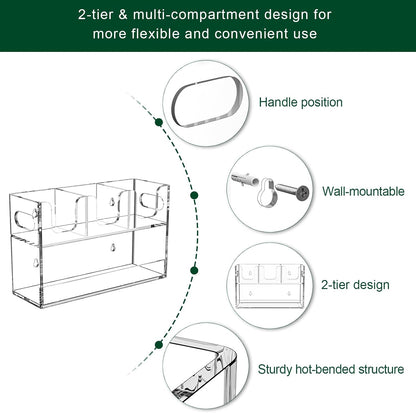 Disposable Coffee Cup Dispenser with Handles, 2-Tier 4 Compartments Clear Acrylic Paper Cup and Lid Storage Organizer for Coffee Bar Kitchen Accessories Restaurant Breakroom Party Supplies