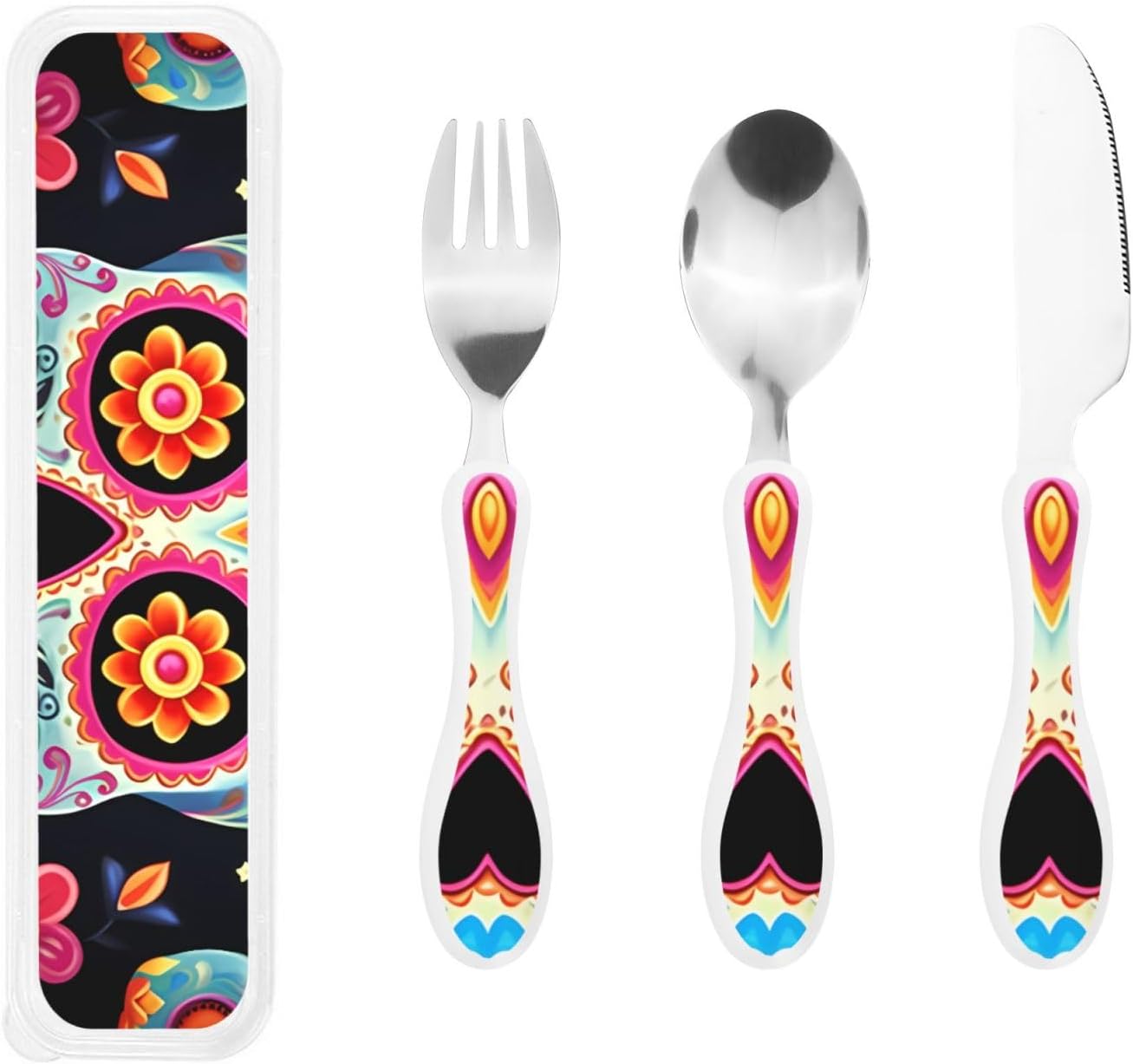 3-Piece Kids Silverware Set With Storage Case, Stainless Steel Reusable Children Safe Knife Spoon Fork Set Sugar Skulls Children Flatware Set For Kids Lunch Box
