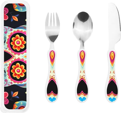 3-Piece Kids Silverware Set With Storage Case, Stainless Steel Reusable Children Safe Knife Spoon Fork Set Sugar Skulls Children Flatware Set For Kids Lunch Box