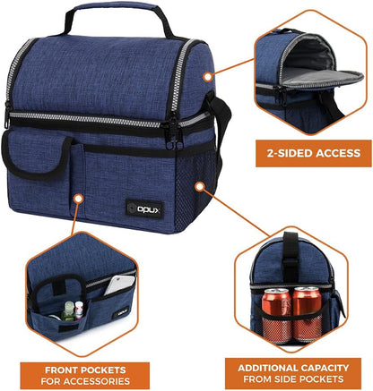opux Insulated Lunch Bag Women Men, Dual Compartment Leakproof Lunch Box Adults Kids, Double Decker Meal Prep Bento Lunch Cooler Tote with Shoulder Strap for Work Office School Travel, Floral Purple