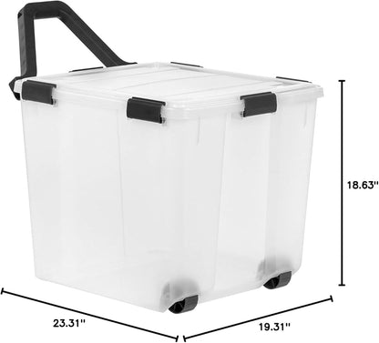 IRIS USA Storage Bins with Lids, WeatherPro Wheeled 106 Qt, Plastic, 3 Pack | Weather-tight gasket, wheels, and secure latches protect camping gear, tools, holiday décor, clothing, and documents.