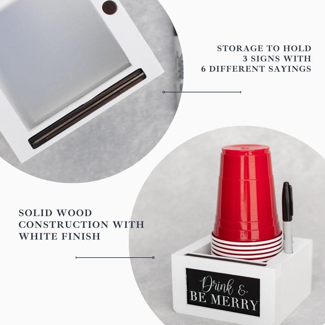 White Party Cup Holder with Marker Slot- Drink Caddy with Interchangeable Signs- Mark Your Cup and Drink Up-Hosting Essentials Wood Cup Dispenser- Brunch Supplies- Disposable Cup Holder Hostess Gifts