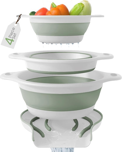 Gevoli 3-Pack Collapsible Colanders with Self-Draining Base, Over Sink-edge Silicone Food Strainers, Small/Med/Large Sizes, Nesting for Easy Compact Storage (3Qt, 4Qt, 5-Quart Set) Green/Gray