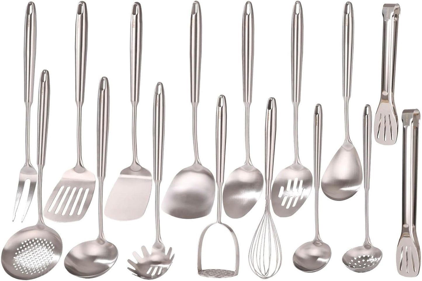 18/10 Stainless Steel Kitchen Utensils Set - 12 PCS All Metal Cooking Tools & 15″ Serving Utensils - Potato Masher, Meat Fork, Tongs, Turner, Pasta, Serving Spoon, Skimmer, Ladle, Spatula Spoon Set