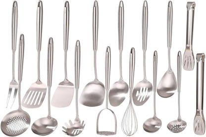 18/10 Stainless Steel Kitchen Utensils Set - 12 PCS All Metal Cooking Tools & 15″ Serving Utensils - Potato Masher, Meat Fork, Tongs, Turner, Pasta, Serving Spoon, Skimmer, Ladle, Spatula Spoon Set