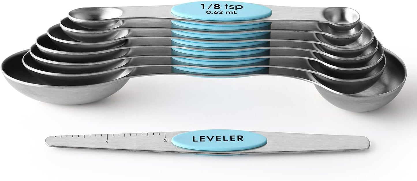 Spring Chef Stainless Steel Magnetic Measuring Spoons Set with Strong N45 Magnets, Heavy Duty Metal Kitchen Gadgets for Baking & Cooking, Fits in Most Kitchen Spice Jars, Set of 8 with Leveler, Black
