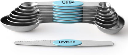 Spring Chef Stainless Steel Magnetic Measuring Spoons Set with Strong N45 Magnets, Heavy Duty Metal Kitchen Gadgets for Baking & Cooking, Fits in Most Kitchen Spice Jars, Set of 8 with Leveler, Black