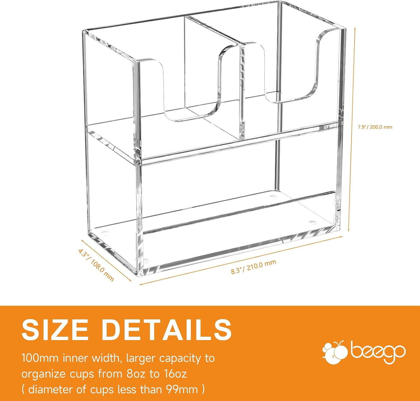 Beego 2-Compartment Cup Holder for Countertop - 2-Tier Clear Acrylic Cup Dispenser Coffee Station Paper Cup and Lid Organizer Condiment Storage for Restaurant Breakroom Kitchen Bar Accessories