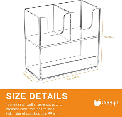 Beego 2-Compartment Cup Holder for Countertop - 2-Tier Clear Acrylic Cup Dispenser Coffee Station Paper Cup and Lid Organizer Condiment Storage for Restaurant Breakroom Kitchen Bar Accessories