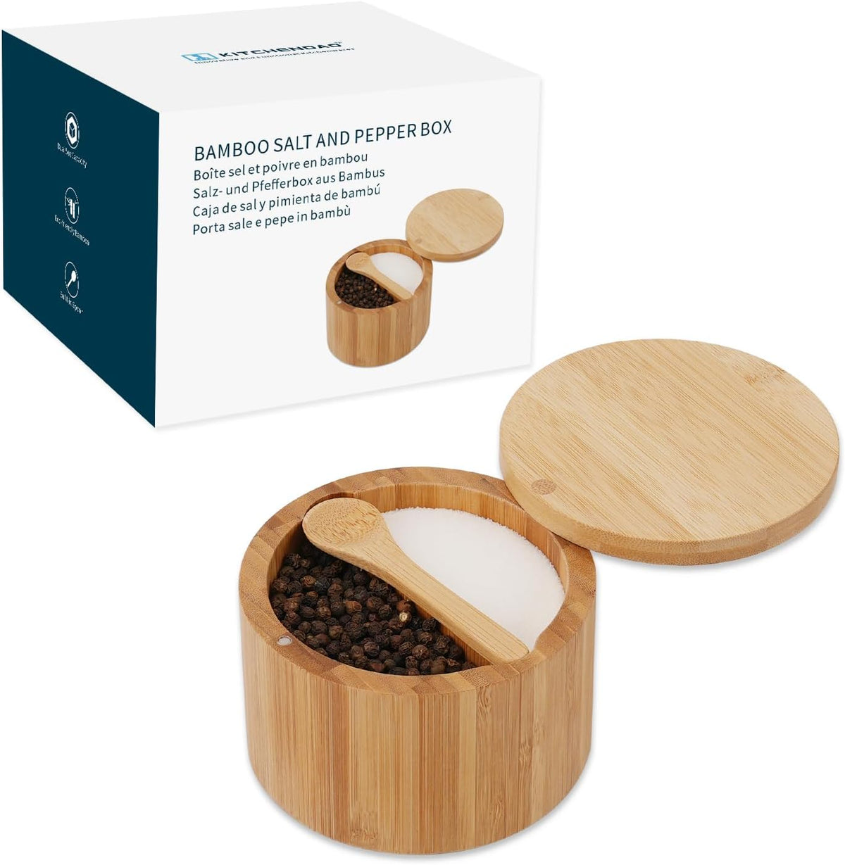 KITCHENDAO Acacia Wood Salt and Pepper Bowl Box, Built-in Spoon, Two Compartments Spice Seasoning Container, Sea Salt Cellar Holder, Magnetic Swivel Lid, Dual 5oz Capacity