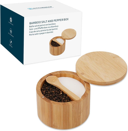 KITCHENDAO Acacia Wood Salt and Pepper Bowl Box, Built-in Spoon, Two Compartments Spice Seasoning Container, Sea Salt Cellar Holder, Magnetic Swivel Lid, Dual 5oz Capacity