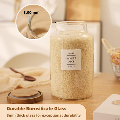 2 Pack Large Glass Flour and Sugar Storage Containers with Airtight Acacia Wood Lids and 132 Kitchen Pantey Labels Preprint - 1 Gallon Borosilicate Glass Canister Sets for Food,Pasta,Cookie,Rice