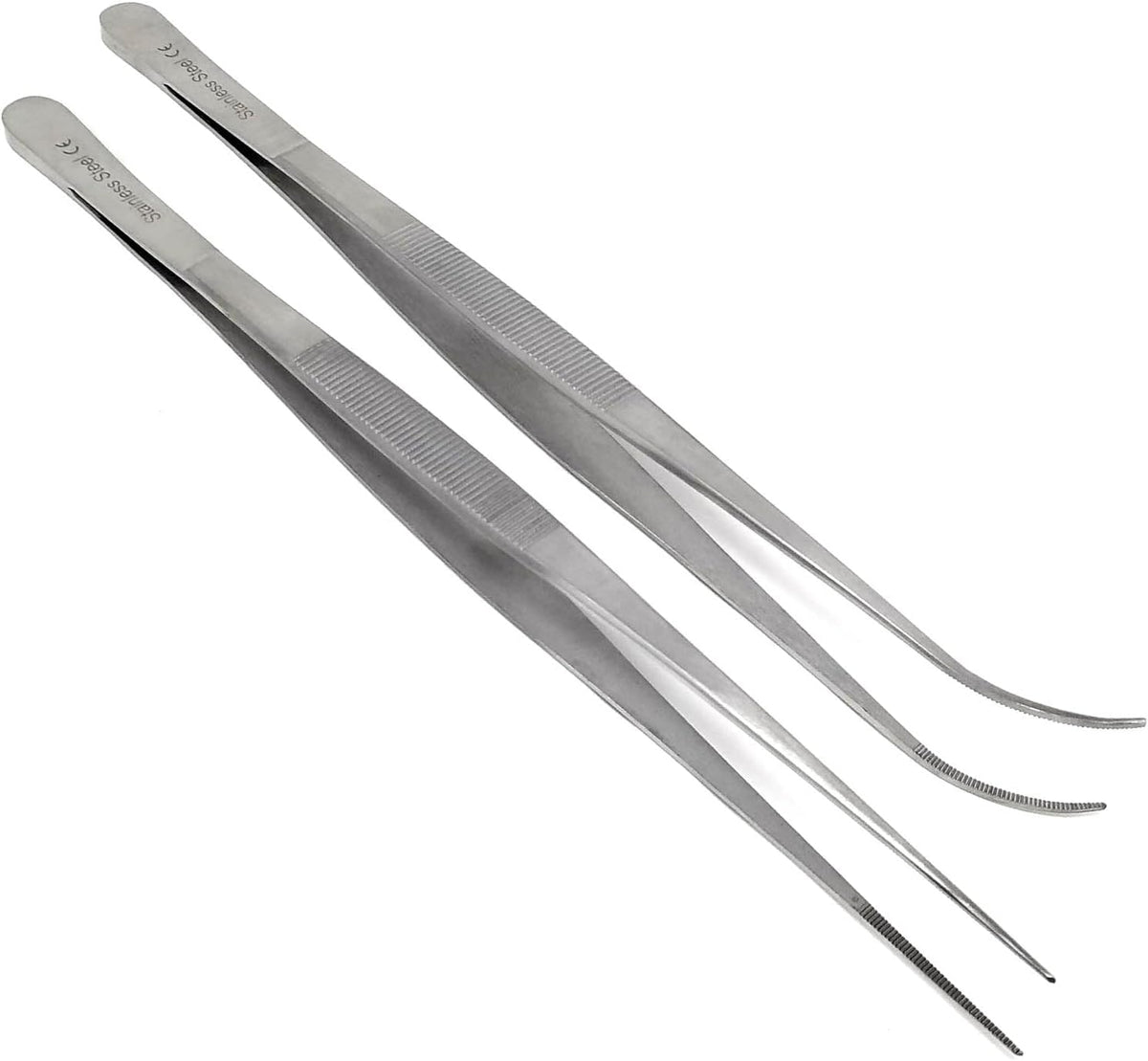 A2Z Cooking Tweezer Straight and Curved Tong Set, Tongs Precision Serrated Tips, Stainless Steel Professional Chef Tweezer Kitchen Tools for BBQ, Plating and Serving (Set of 2-10")