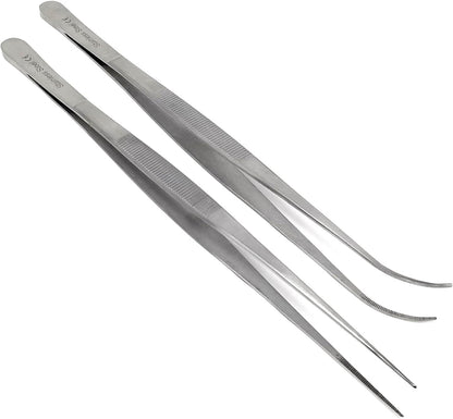 A2Z Cooking Tweezer Straight and Curved Tong Set, Tongs Precision Serrated Tips, Stainless Steel Professional Chef Tweezer Kitchen Tools for BBQ, Plating and Serving (Set of 2-10")