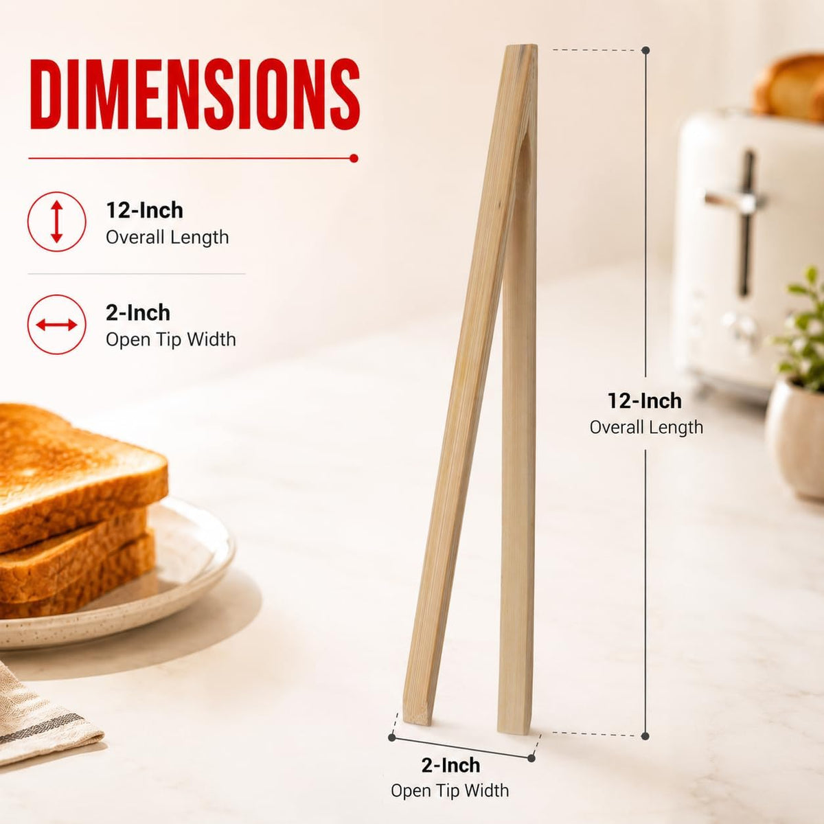 HIC Kitchen Toast Tongs, Natural Bamboo, 6.5-Inches