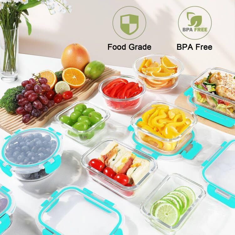 BAYZZ 24 Piece Glass Food Storage Containers with Lids, Airtight Glass Meal Prep Containers for Kitchen, BPA-Free Lunch Box, Microwave and Freezer Safe