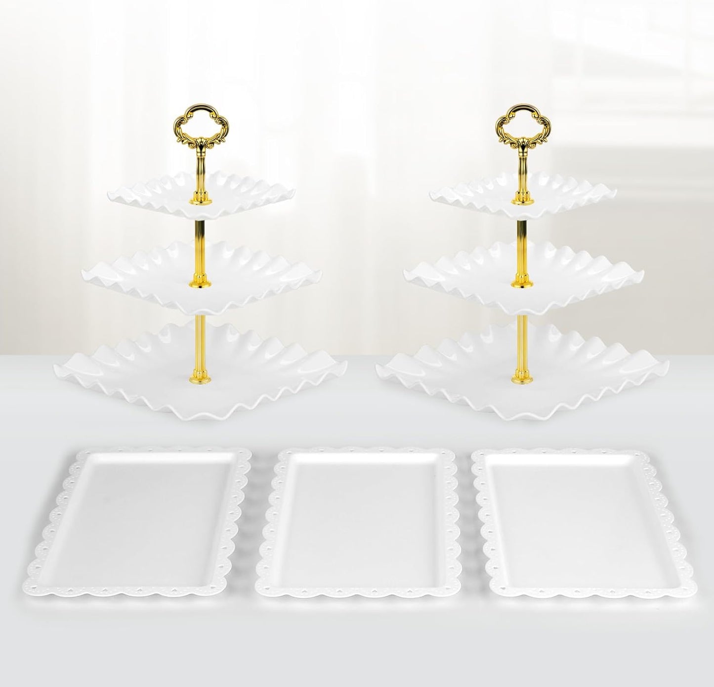 NWK 5 Piece Cake Stand Set with 2 x Large 3-Tier Cupcake Stands, 3 x Appetizer Trays, for Wedding Birthday Baby Shower Tea Party Decorations (Pink)