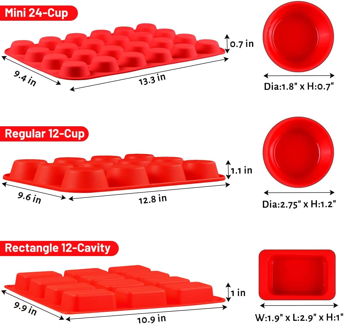 CAKETIME Silicone Muffin Pan - Cupcake Pan, Mini Loaf Pan Silicone Baking Molds Food Grade 3-Pack