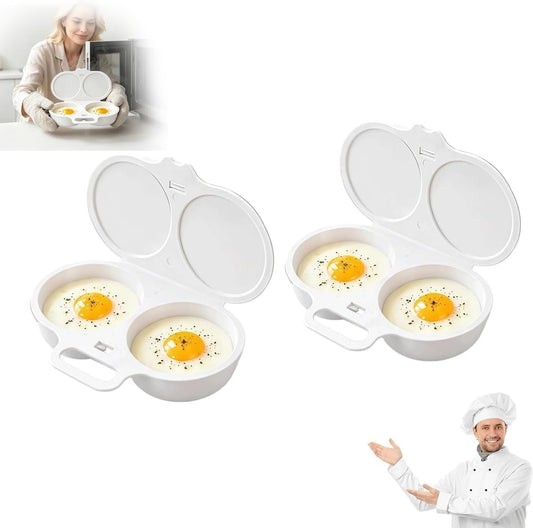 2pcs Dual Cavity Microwave Egg Poacher, White Egg Poacher, Microwave Poacher for 2 eggs, Food-Grade PP Material Microwave Egg Cooker, Portable Breakfast Maker with Lid and Easy-Grip Handle