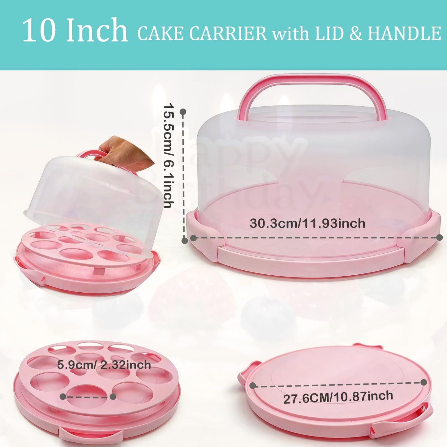 GIEHOUGRIO 10 inch Cake Carrier with Lid and Handle, 3 in 1 Multipurpose Plastic Cupcake Holder & Plastic Cover Two Sided Base for New Year, Christmas, Party, Various Holidays- Easy Transport (Pink)