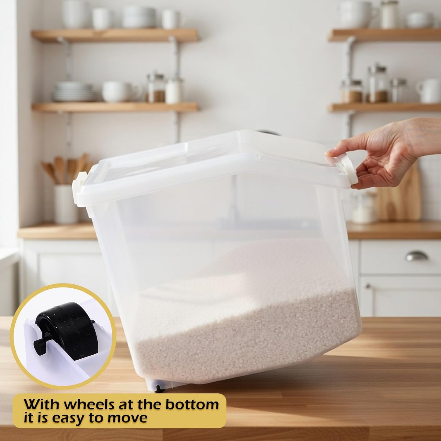 Sunnyray 4 Pcs Rice Storage Container 27.5 lb Airtight Flour Container with Wheels Measuring Cup White Pet Food Dog Cat Birds Food Bin Grain Cereal Organizer Box for Dry Baking Supplies