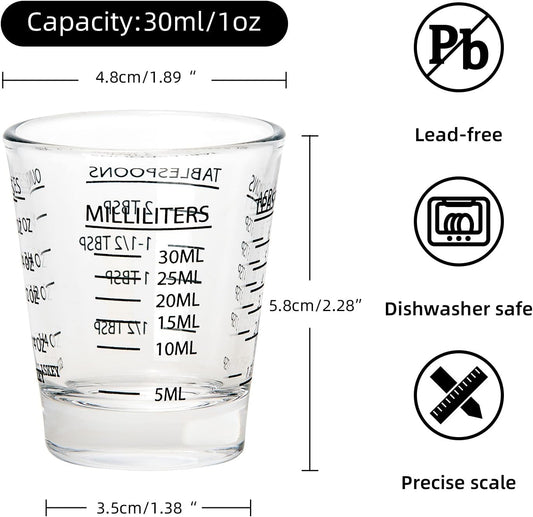 GLASKEY Shot Glasses Measuring Cup Set - 2 Pack Espresso Shot Glasses with Precise Measurement Marks,Heavy Duty Glass,Dishwasher Safe,Perfect for Coffee,Cocktails and Kitchen Use (Black & Red)