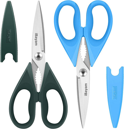 iBayam 2 Pack All Purpose Kitchen Shears Heavy Duty - Stainless Steel Kitchen Scissors With Protective Sheath, Soft Comfort-Grip Handle, Food & Meat Scissors, Home, Kitchen, Dining Utility Gadgets