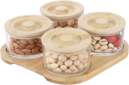 Glass Snack Serving Set with Wooden Lids and Tray, 9.1 x 9.1 in Chip and Dip Serving Platter, Small Airtight Glass Divided Dishes for Candies, Nuts, Dried Fruits, Snack, Condiments