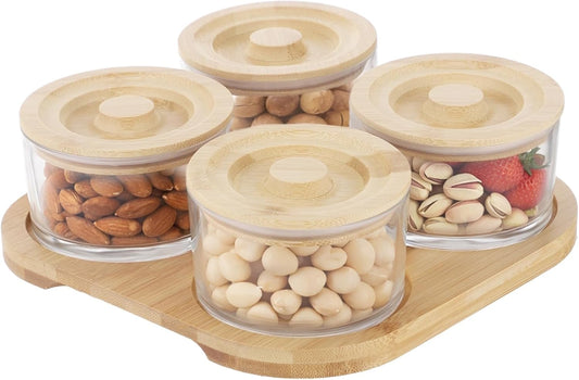 Glass Snack Serving Set with Wooden Lids and Tray, 9.1 x 9.1 in Chip and Dip Serving Platter, Small Airtight Glass Divided Dishes for Candies, Nuts, Dried Fruits, Snack, Condiments